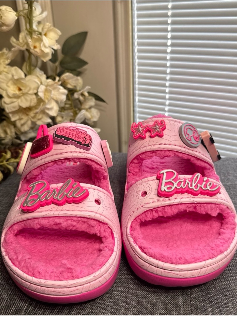 CROCS Barbie Pink Plush Slide Sandals with Decorative Charms